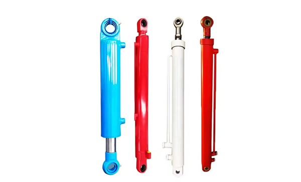 Four hydraulic cylinders in blue, red and white